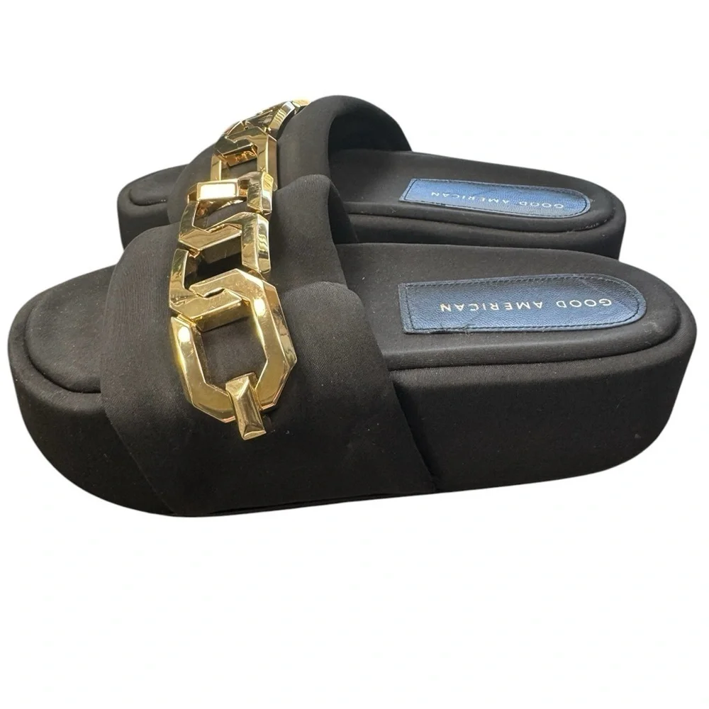 Good American Black Platform Slides with Gold Chain – Size 5